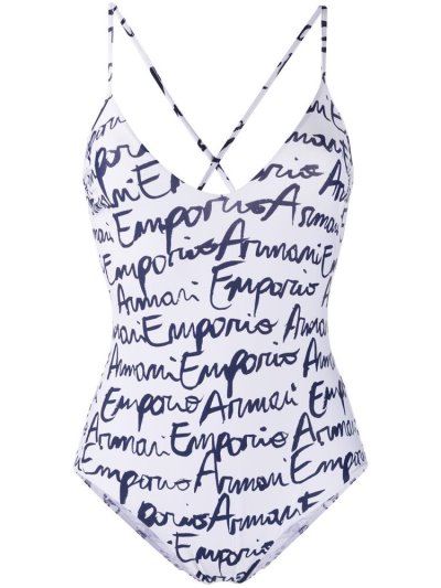 Μαγιό Armani Emporio Logo Print Crisscross Back γυναικεια ασπρα μπλε | GR38881