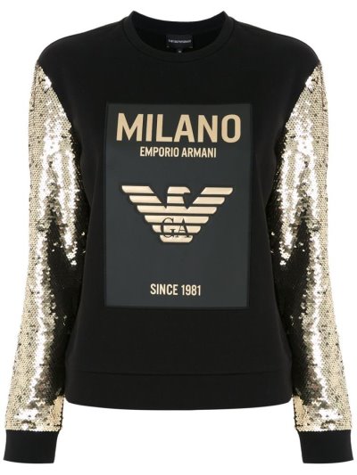 Φούτερ Armani Emporio Sequinned Sleeve βαμβακερα γυναικεια μαυρα χρυσο χρωμα | GR87704
