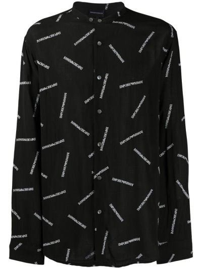 πουκαμισα Armani Emporio Logo Print Collarless ανδρικα μαυρα ασπρα | GR48471