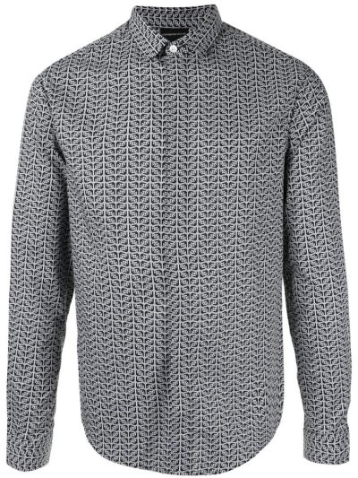 πουκαμισα Armani Emporio Long Sleeve Logo Print ανδρικα μαυρα ασπρα | GR56627