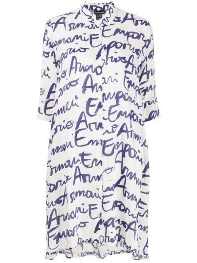 πουκαμισα Armani Emporio Signature Logo Print Longline γυναικεια ασπρα μπλε | GR36859