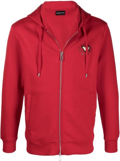 φουτερ με κουκουλα Armani Emporio Logo Zipped Drawstring ανδρικα κοκκινα | GR10267