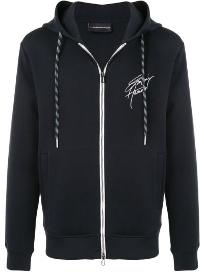 φουτερ με κουκουλα Armani Emporio Signature Logo ανδρικα μπλε ασπρα | GR16538