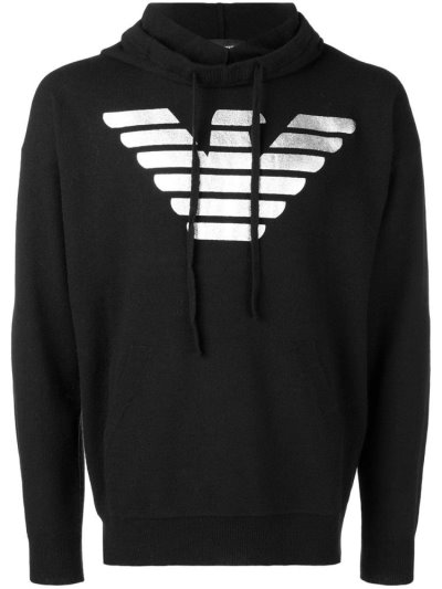 φουτερ με κουκουλα Armani Emporio Logo Print ανδρικα μαυρα | GR16994