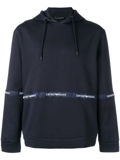 φουτερ με κουκουλα Armani Emporio Logo Stripe ανδρικα μπλε | GR31248