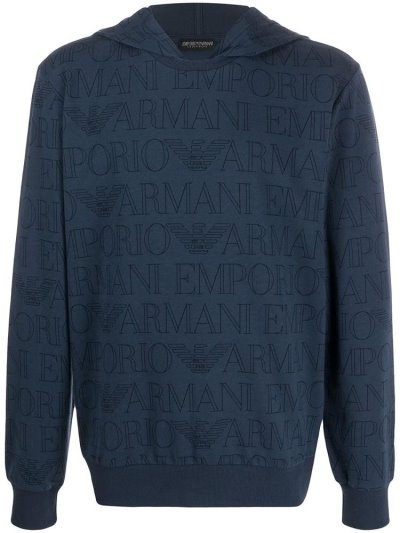 φουτερ με κουκουλα Armani Emporio Logo Print ανδρικα μπλε | GR35564