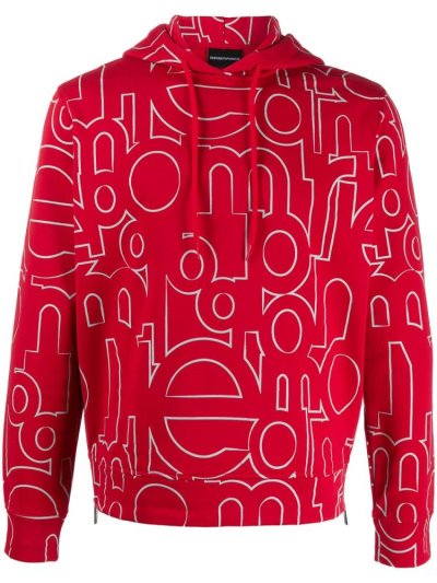 φουτερ με κουκουλα Armani Emporio All Over Logo ανδρικα κοκκινα | GR40891