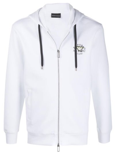 φουτερ με κουκουλα Armani Emporio Logo Zipped Drawstring ανδρικα ασπρα | GR43117