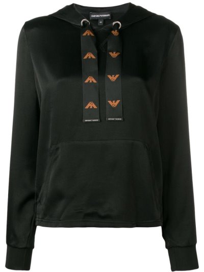 φουτερ με κουκουλα Armani Emporio Logo Drawstring γυναικεια μαυρα | GR45332