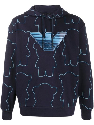 φουτερ με κουκουλα Armani Emporio Printed Logo Patch ανδρικα μπλε | GR49329