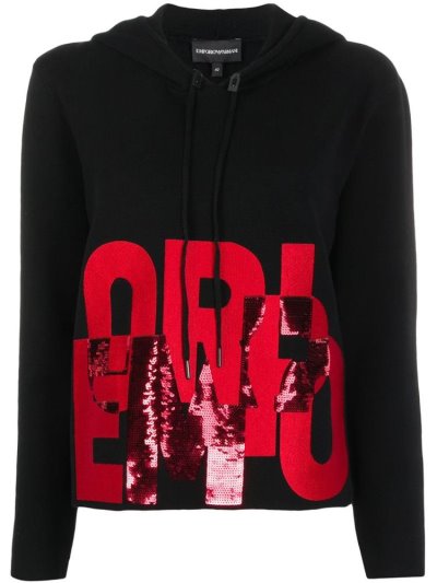φουτερ με κουκουλα Armani Emporio Sequin Logo γυναικεια μαυρα κοκκινα | GR86912